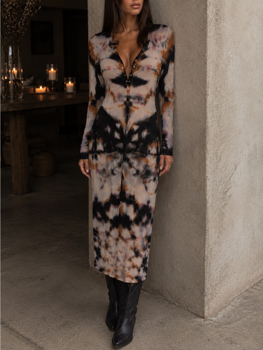 Tie-Dye Long Sleeve V-Neck Midi Dress in Black & Brown